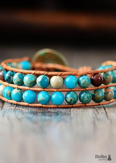 Pulsera Boho, Pulsera de Cuero con Capas, Piedras de Jaspe de 6 mm